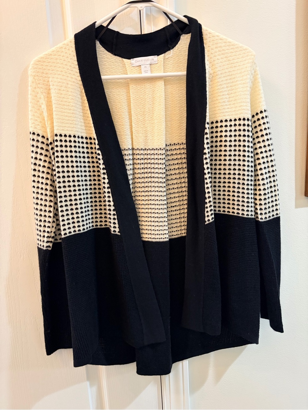 Charter Club Black & Cream Open-Front Textured Cardigan